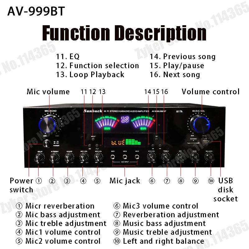 AV-555BT/999BT Bluetooth Sound Amplifiers Dual Dynamic Screen HiFi Stereo Digital Amplify For Home Car Theatre Karaoke Max 4000W