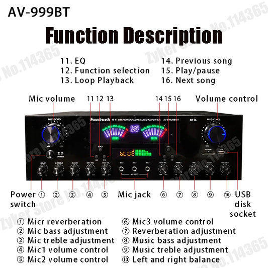 AV-555BT/999BT Bluetooth Sound Amplifiers Dual Dynamic Screen HiFi Stereo Digital Amplify For Home Car Theatre Karaoke Max 4000W